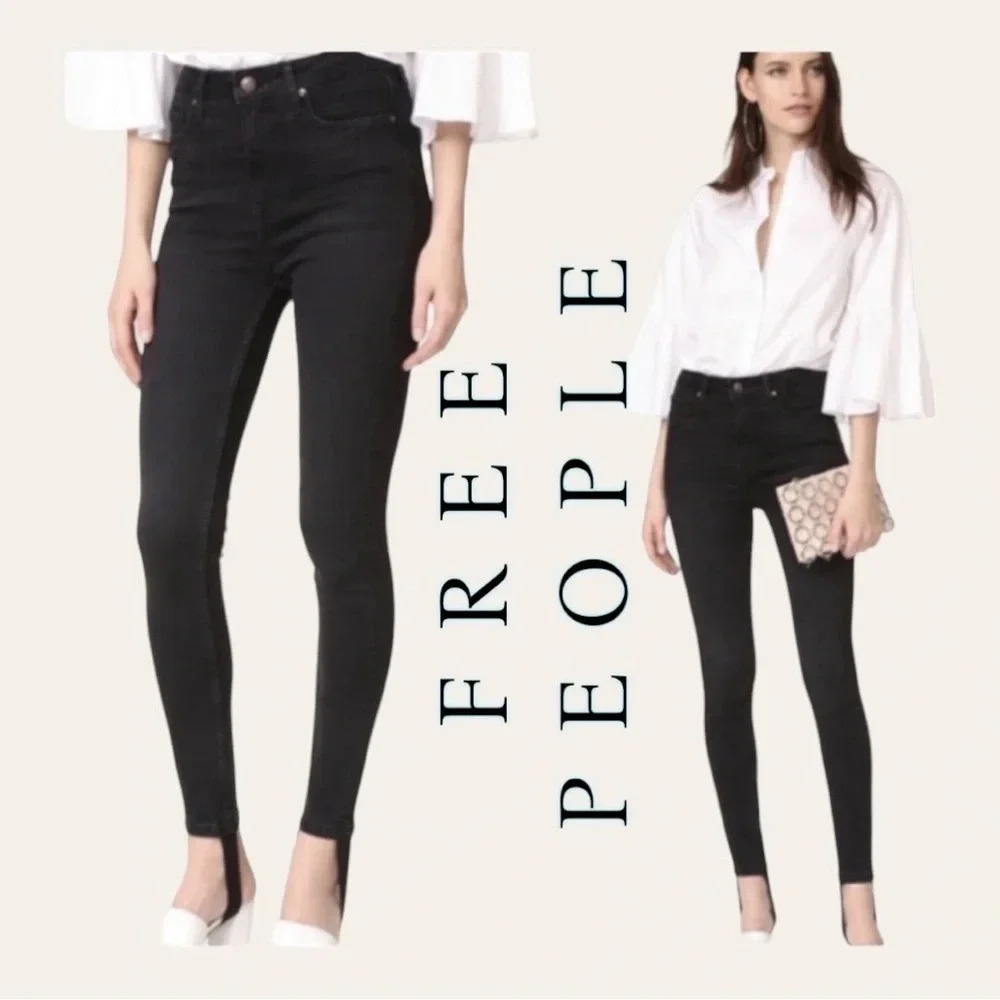 0496W. Free PEOPLE HIGH RISE STIRRUP SKINNY JEANS BLACK‎ WOMEN’S SIZE 27